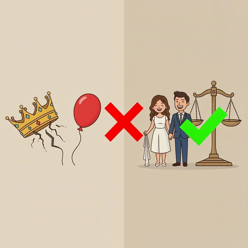 Two columns comparing wedding myths with broken symbols and reality with balanced symbols.