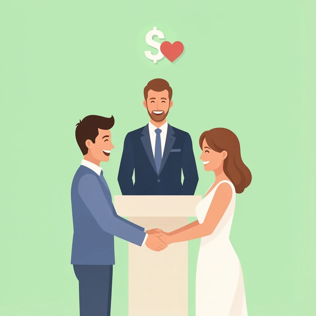 Happy couple with officiant and money icons representing wedding officiant costs