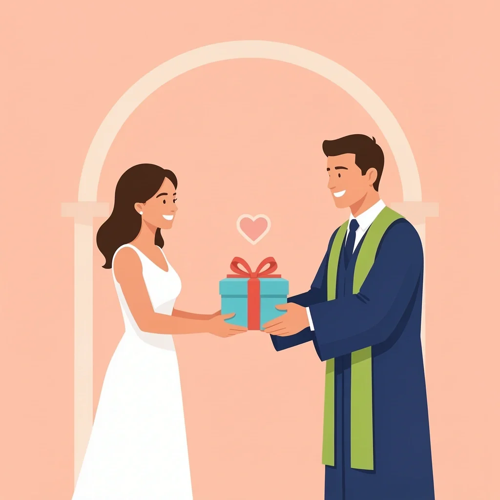 Couple giving a wrapped gift to their wedding officiant