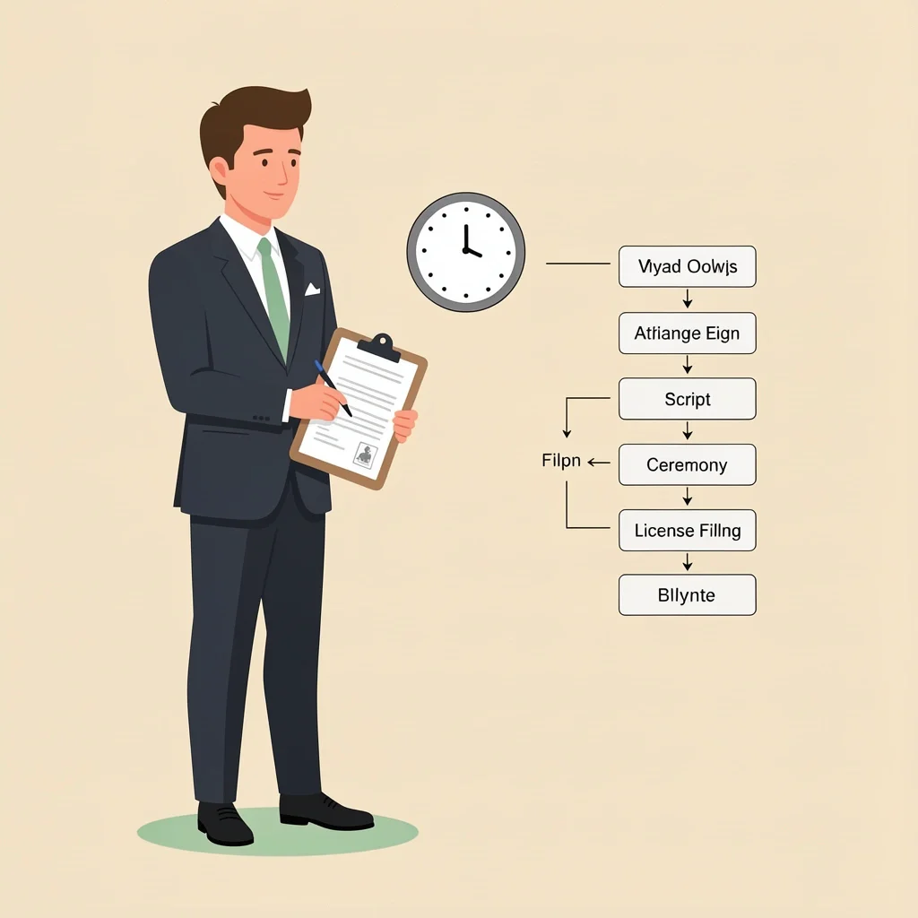 Wedding Officiant Roles and Responsibilities Illustration of a wedding officiant with checklist and license showing their responsibilities