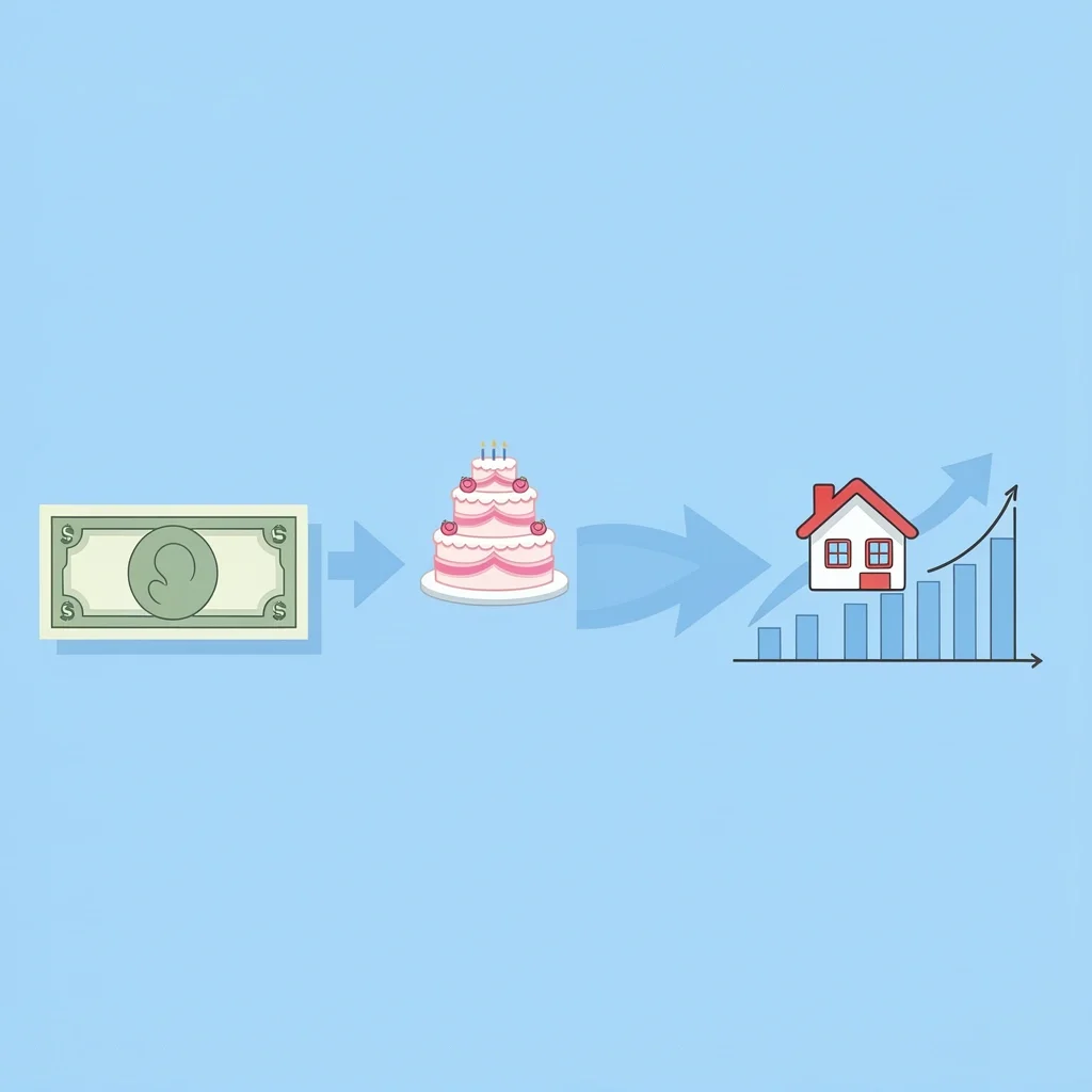 A dollar bill splitting into two paths, one toward a wedding and one toward a house and retirement.