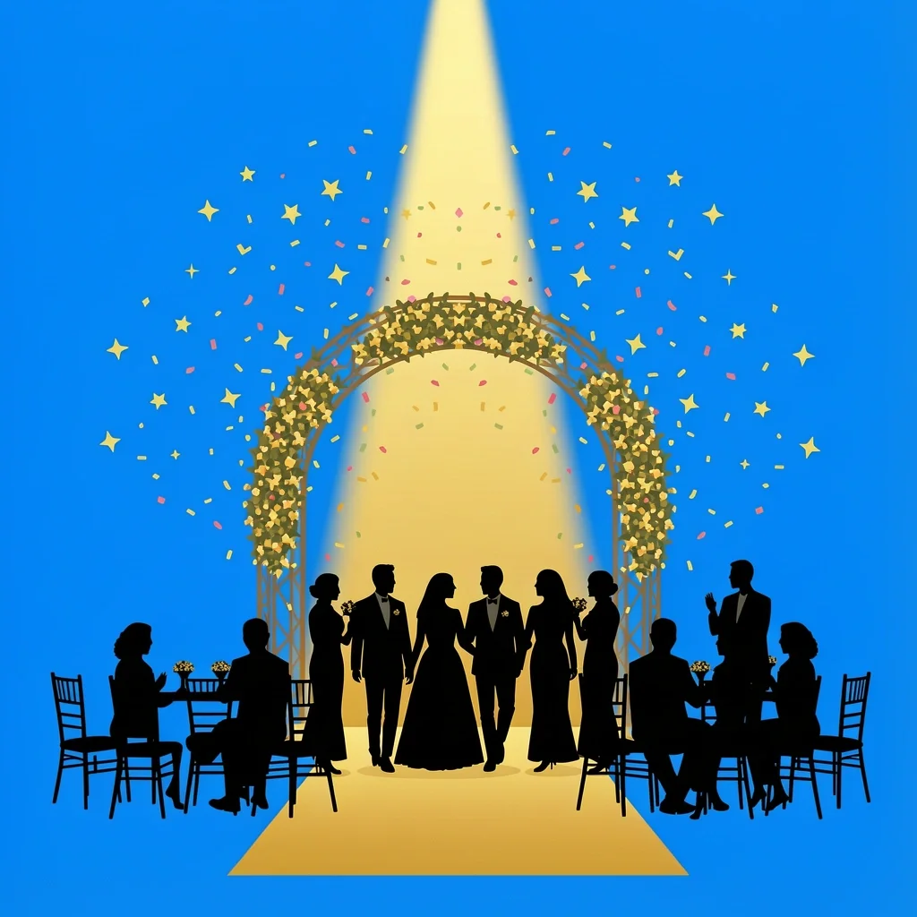 Modern wedding reception with a couple and bridal party entering under a spotlight with confetti