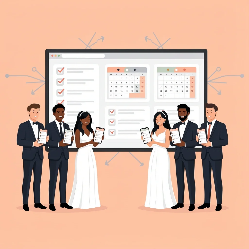 Wedding party team collaborating on a digital dashboard with checklists and calendars for unified communication
