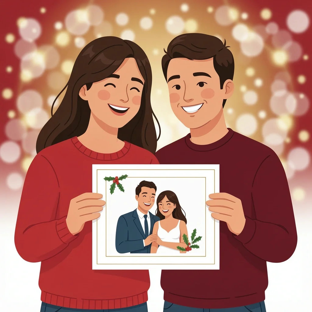 Happy couple holding a Christmas card with their wedding photo, festive background
