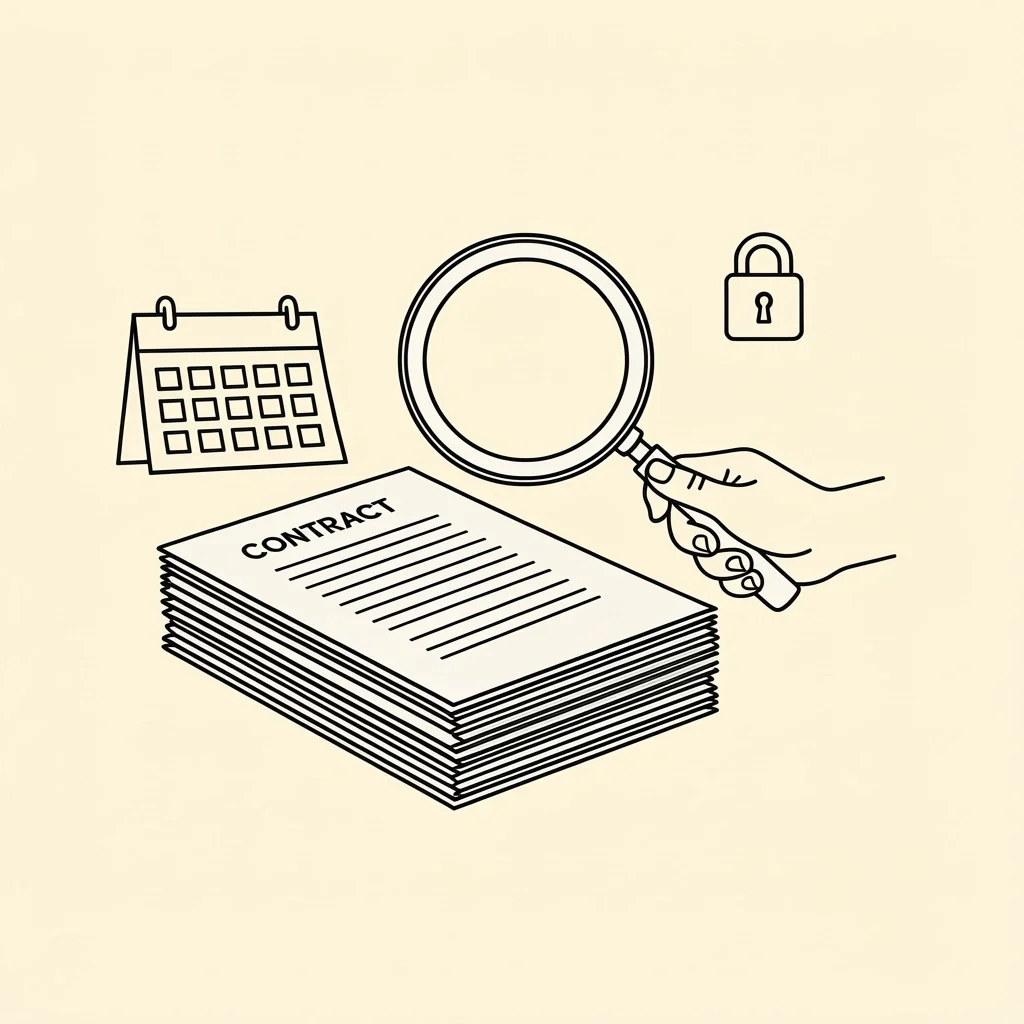 Contract Storage Clause Importance Hand holding magnifying glass over contract with calendar and lock icons