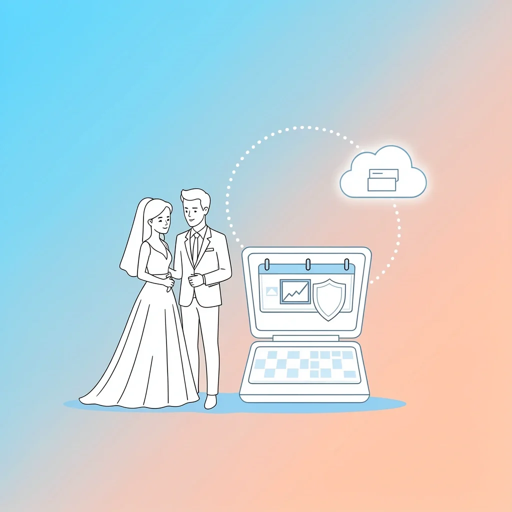 Wedding couple checking photo gallery storage on a laptop with calendar and shield icons
