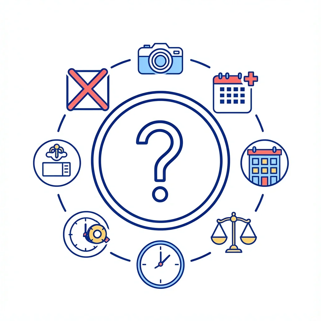 Wedding Photo Storage FAQ FAQ icon surrounded by symbols for unedited photos, gallery extension, business closure, proofs, and legal requirements