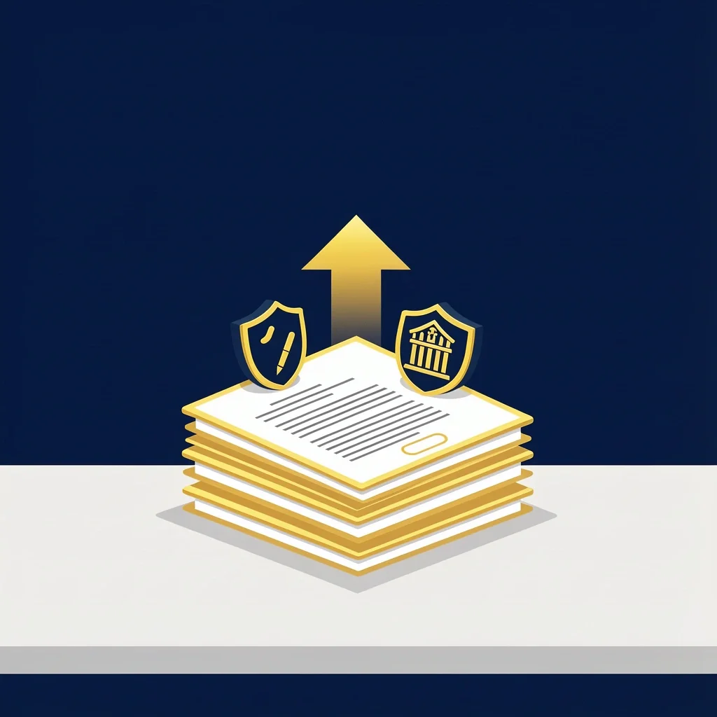 A stack of documents including a contract, insurance shield icon, and business license icon, representing the legal foundation for a wedding planner.