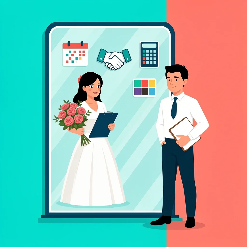 A person looking at a mirror where their reflection appears as a wedding planner, with floating skill icons around, representing transformation from beginner to planner.