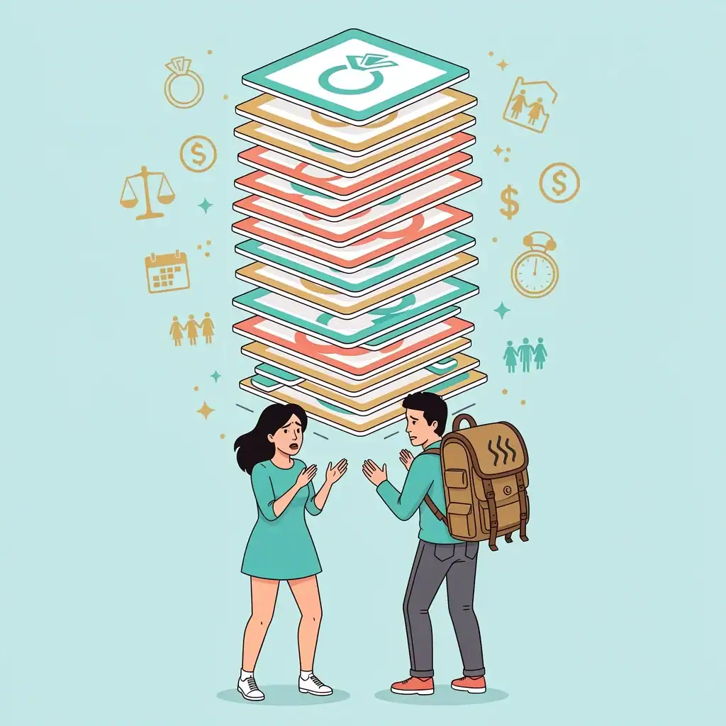 Wedding Planning Decision Overload A couple overwhelmed by a towering stack of decision cards symbolizing wedding planning stress, with icons for money, family, and time