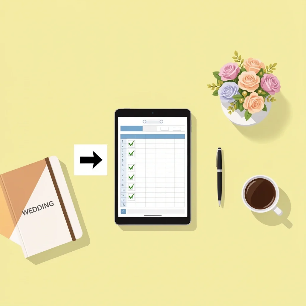 Flatlay of wedding planning tools including digital tablet with spreadsheet, planner, notebook, pen, coffee, and bouquet on pastel yellow background