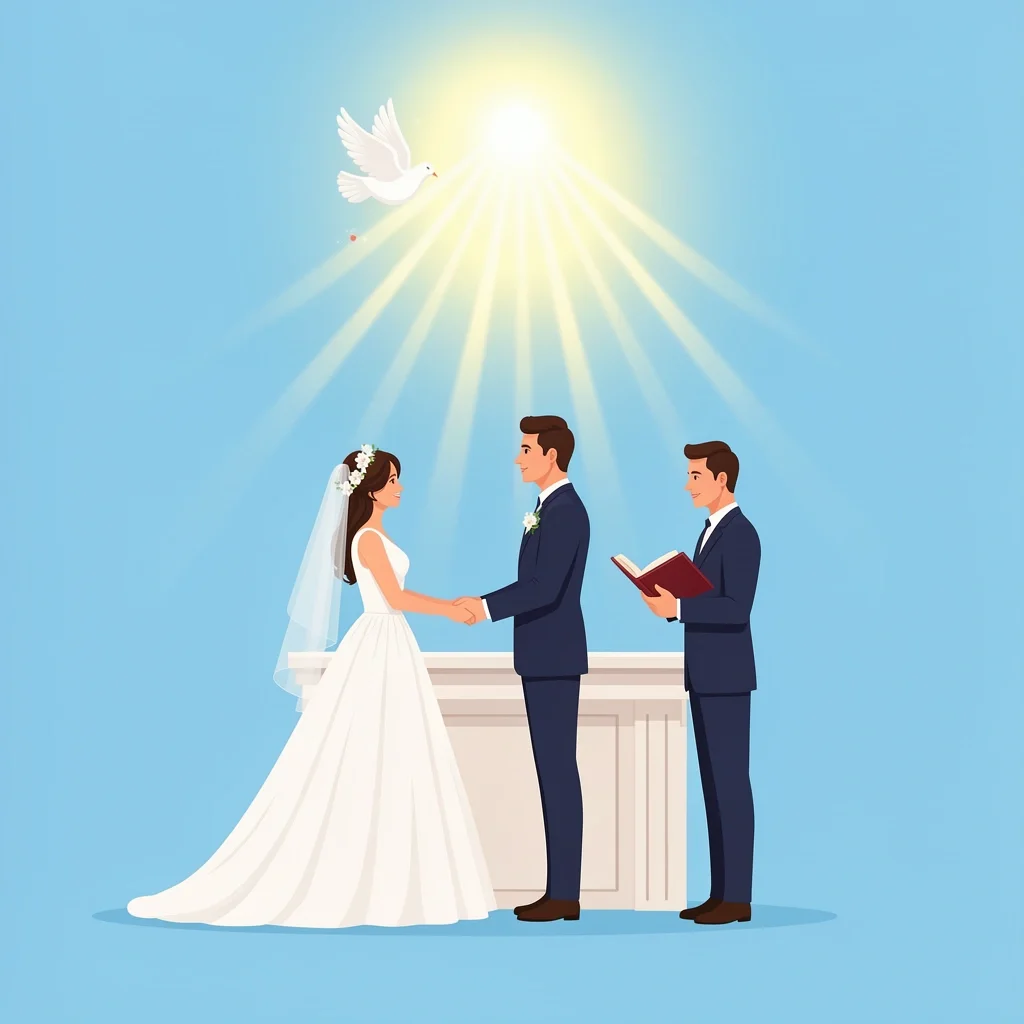 Couple holding hands at altar with divine light symbolizing wedding prayer