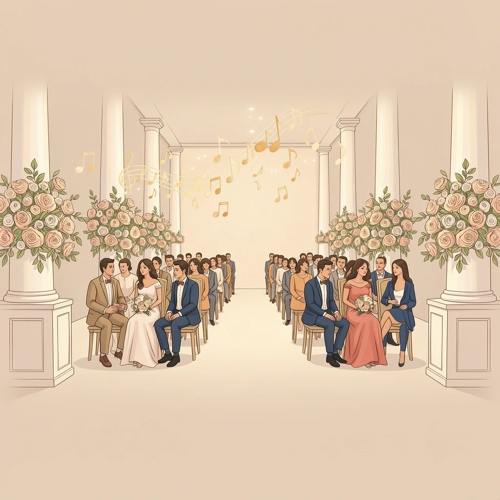 Wedding Prelude Music Scene Guests arriving and seating at an elegant indoor wedding venue with floating musical notes indicating prelude music