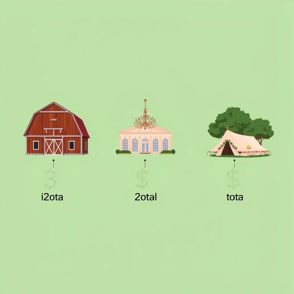 Real Wedding Price Examples Three icons representing a barn, hotel ballroom, and backyard venue, each with a different number of coins below, illustrating real wedding price examples.