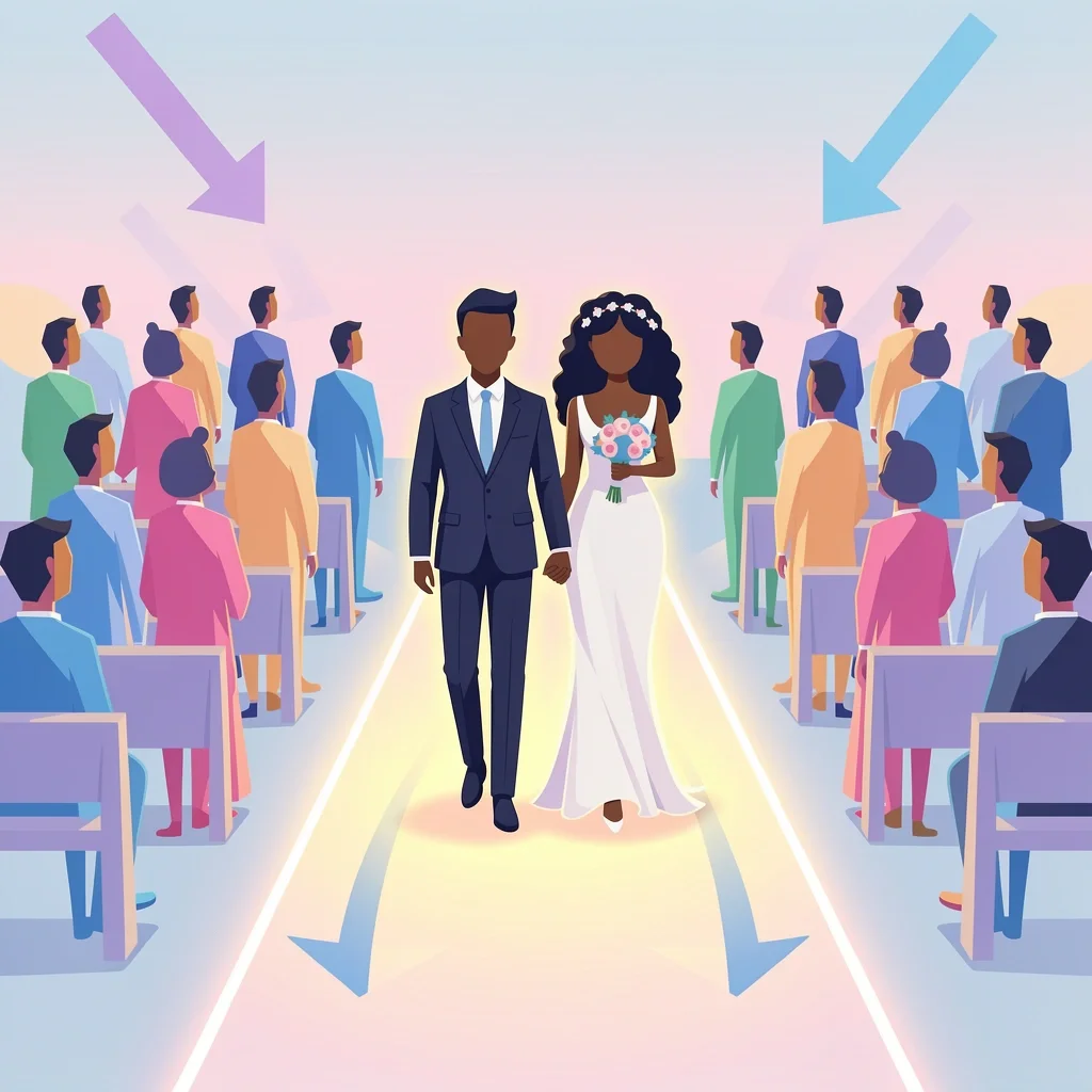 Diverse couple walking down wedding aisle with abstract guests and arrows indicating processional flow