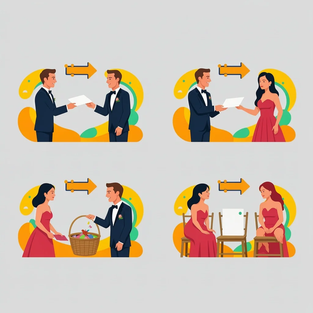 Wedding Program Distribution Methods Comparison Four side-by-side illustrations showing different program distribution methods with quantity indicators.
