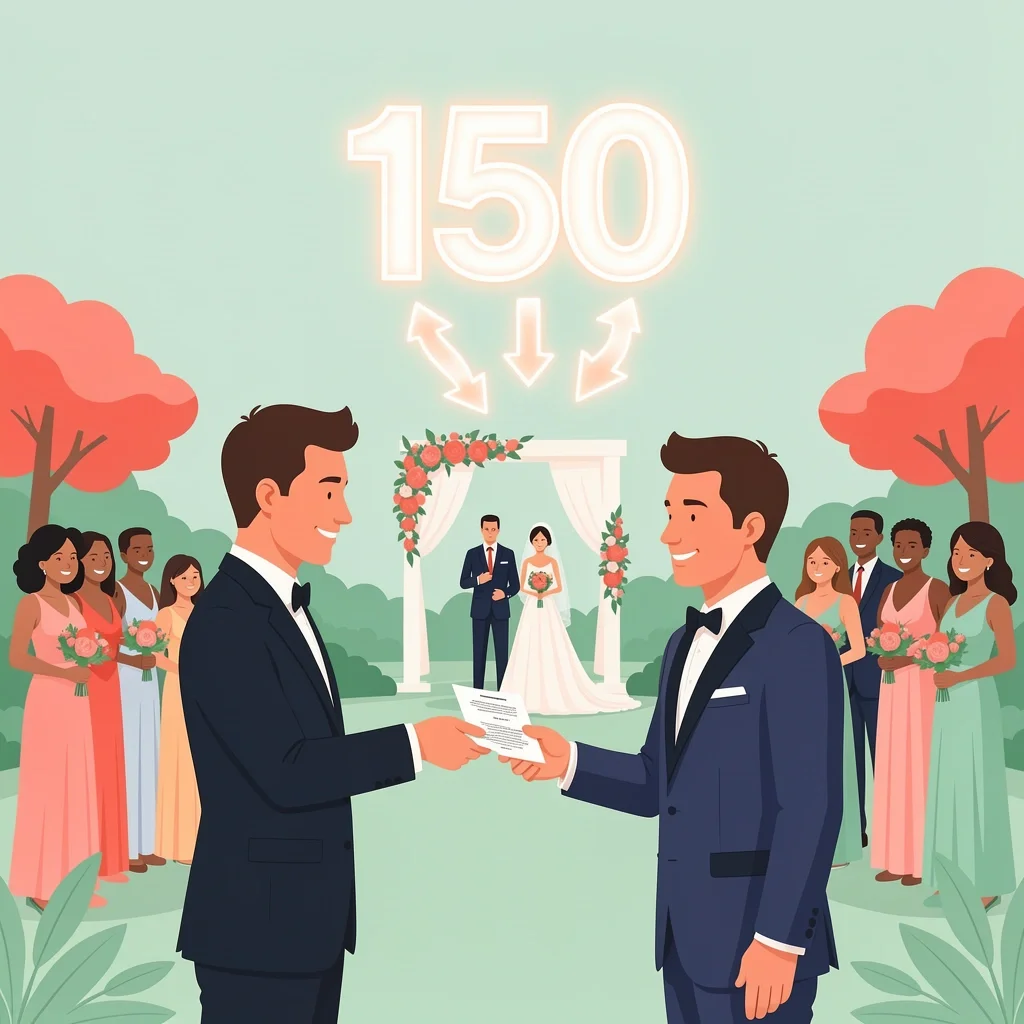 Wedding usher handing a program to a guest at an outdoor ceremony, with visual indicators for guest count and distribution method.