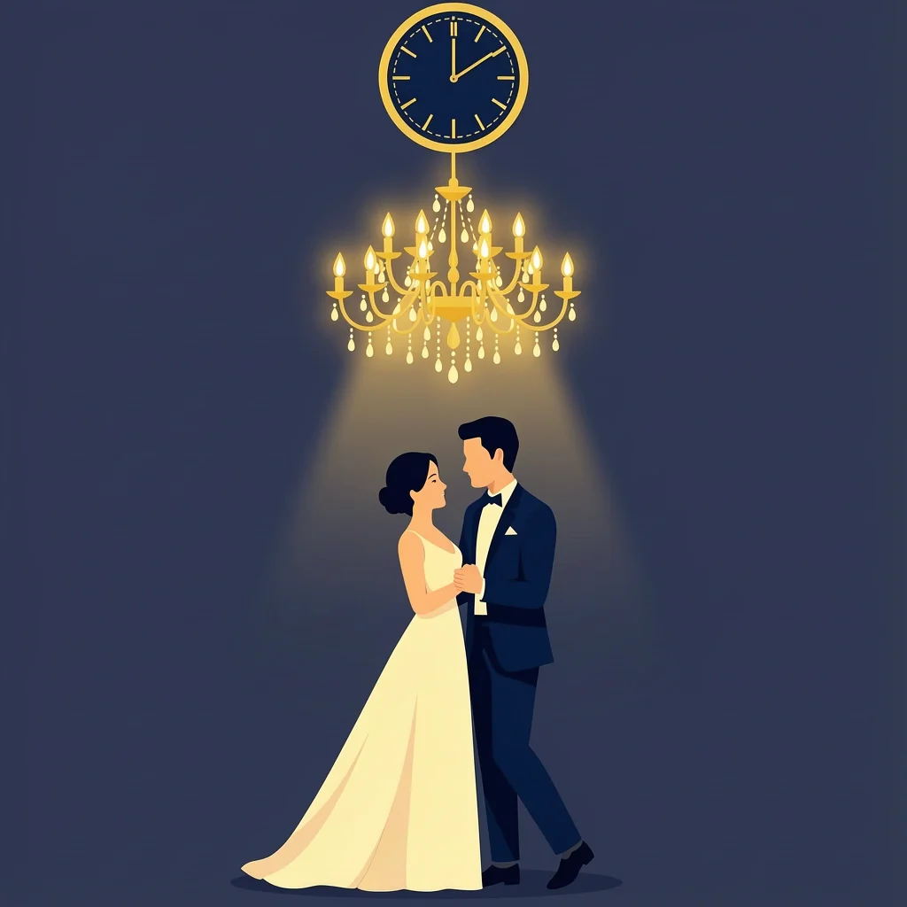 Couple dancing at a wedding reception with a clock icon showing 4-5 hours as the standard length.