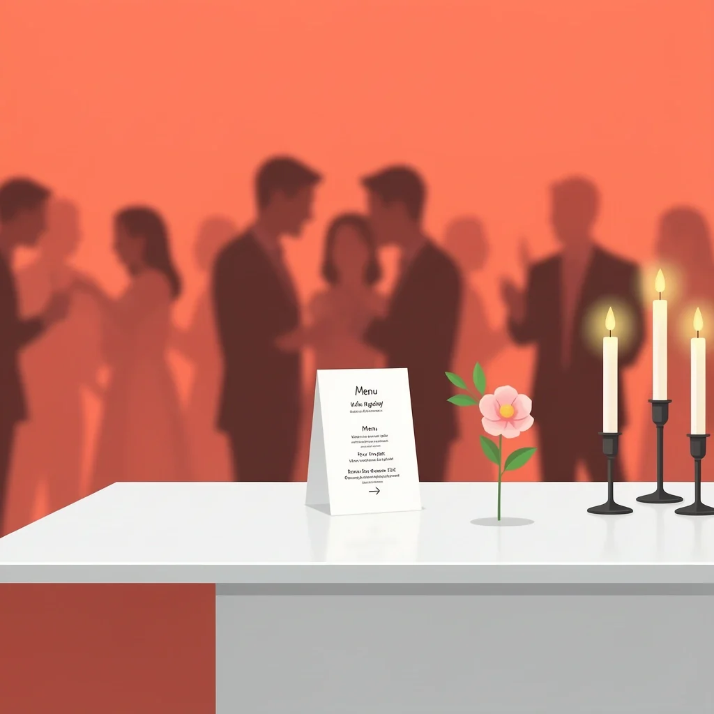 Modern wedding reception table with menu card, flower, and candle, symbolizing menu planning for a celebration