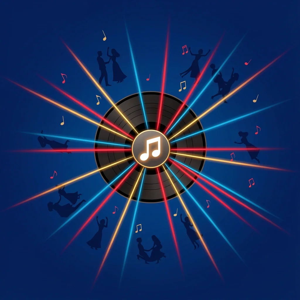 Vibrant overhead illustration of wedding reception dance floor with vinyl record and glowing playlist icon radiating colorful light beams and dancing silhouettes