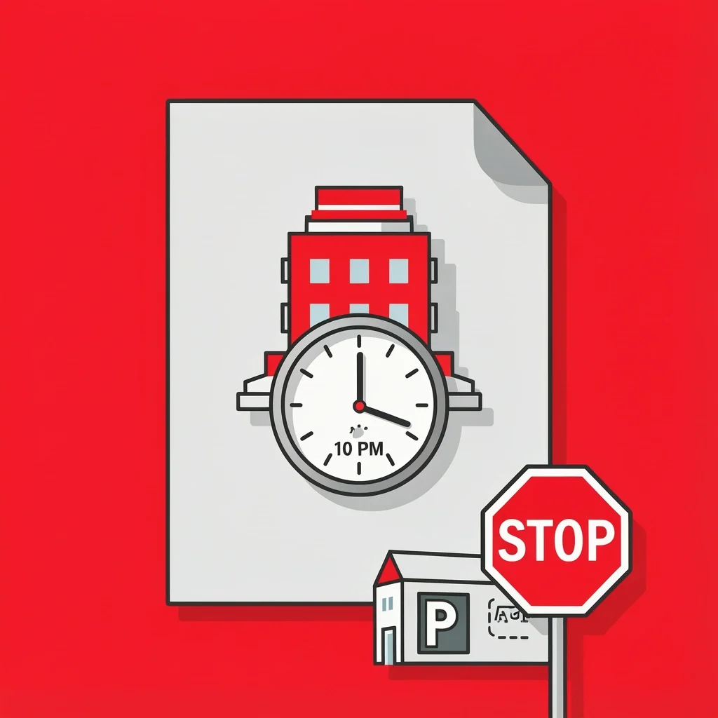 Logistics Constraints Paper with venue icon and 10 PM clock, with stop sign and parking lot icons for logistics.