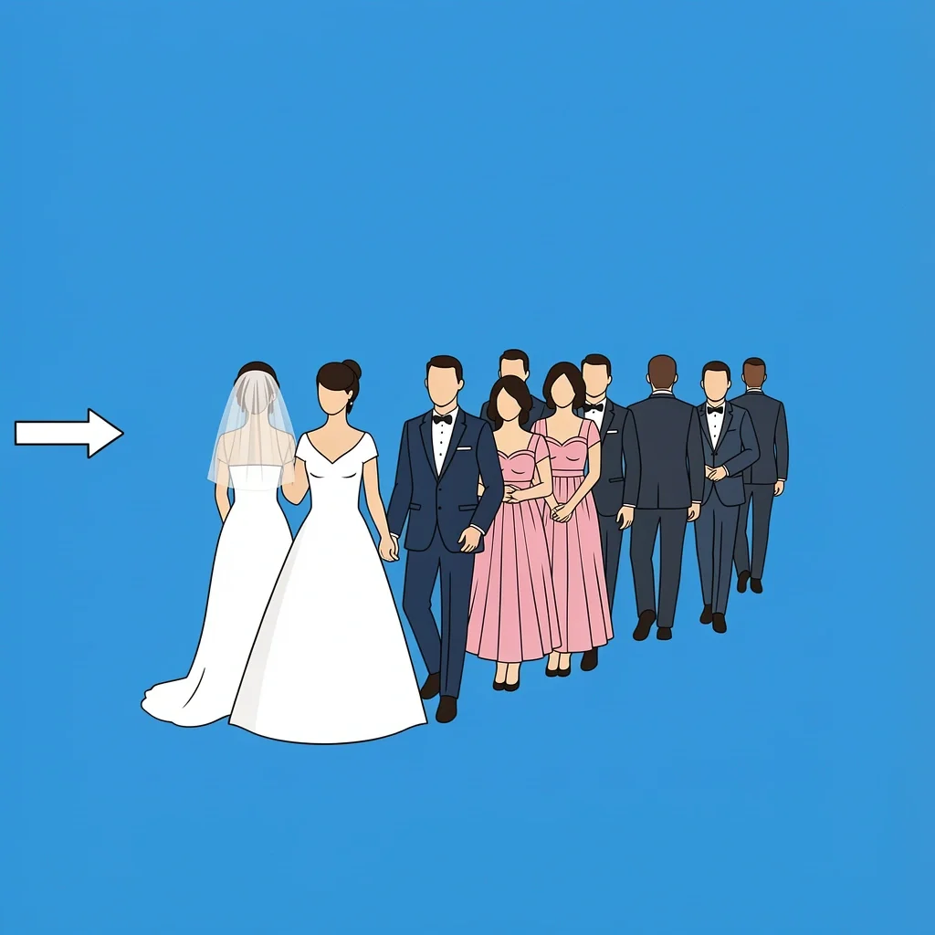 Newly married couple leading wedding party back up aisle in reverse order with arrow direction