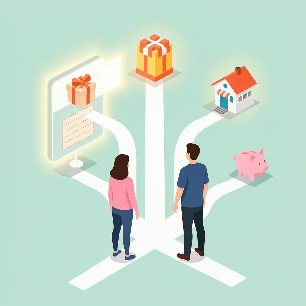 Illustration of a couple choosing between different wedding registry options with paths leading to store icons