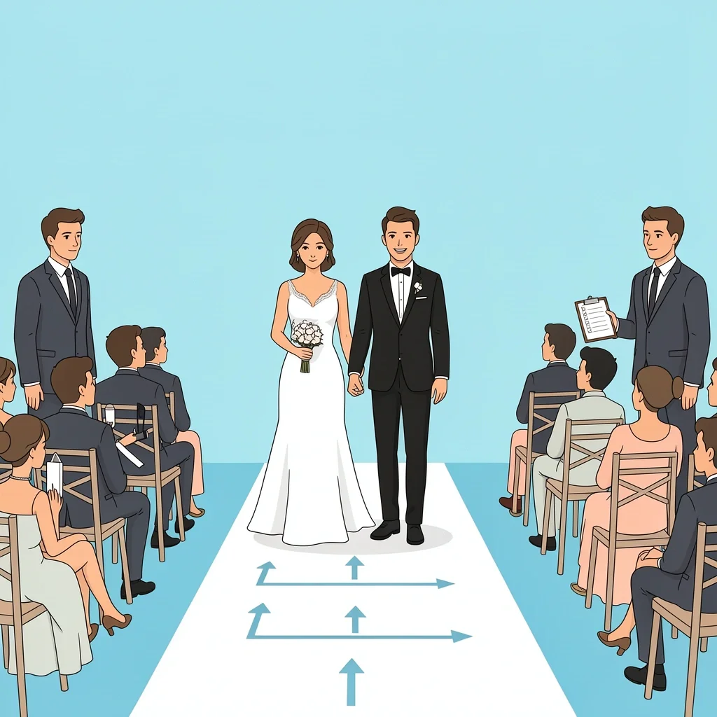 A couple walks down an aisle during a wedding rehearsal with an officiant holding a checklist, symbolizing rehearsal planning.
