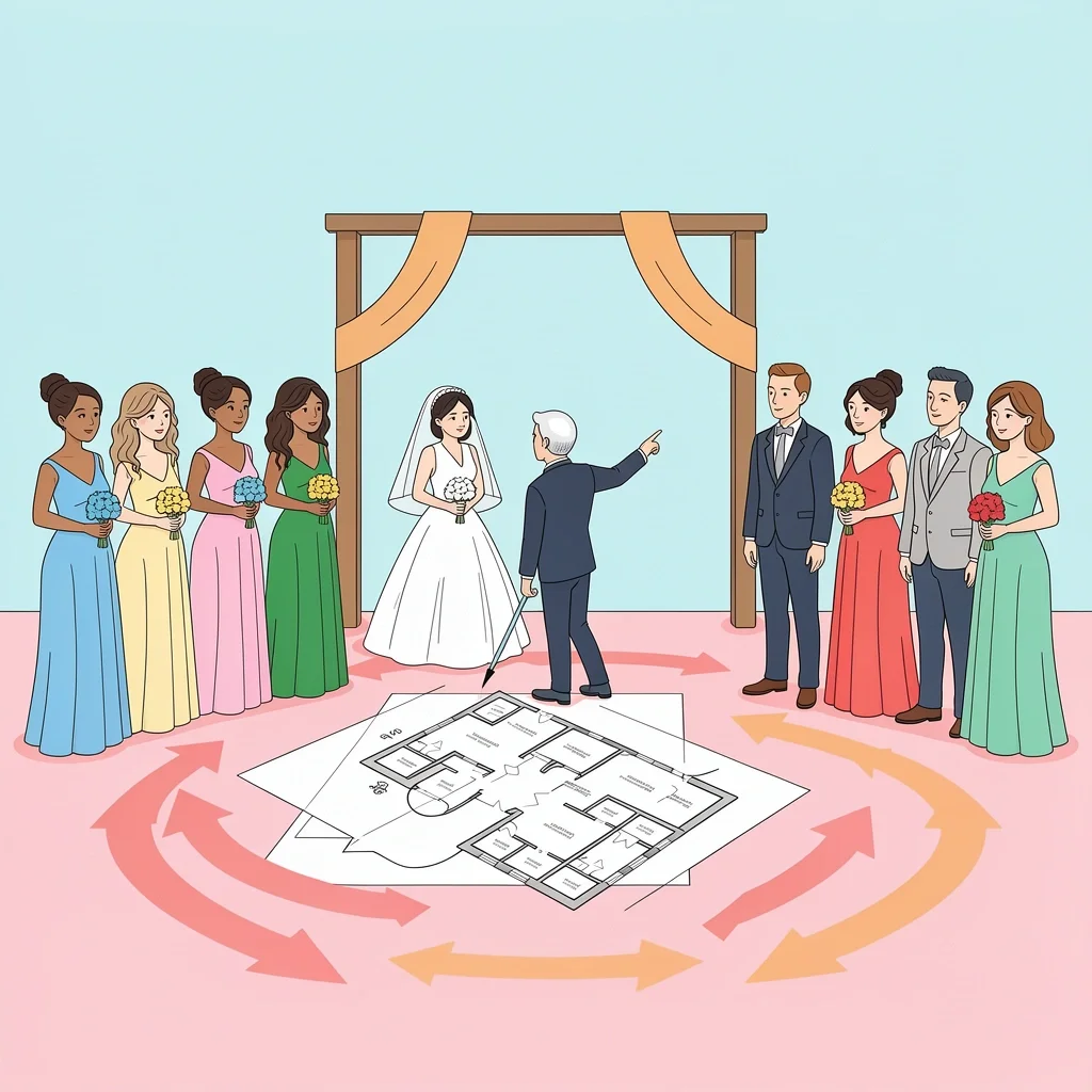 Wedding ceremony rehearsal with director pointing to floor plan diagram