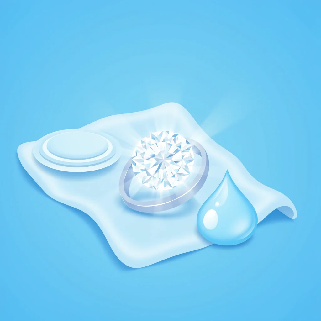 Diamond wedding ring on blue background with ring dish and cleaning supplies indicating proper care.