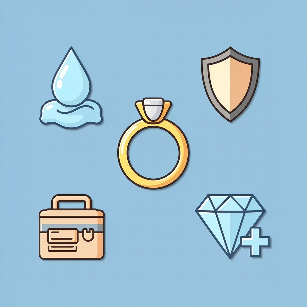 Wedding Ring Care Guide Icons for cleaning, protection, maintenance, and insurance around a wedding ring on a blue background.
