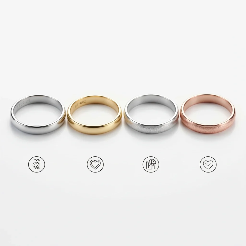 Four wedding ring bands of platinum, gold, white gold, and rose gold displayed together.