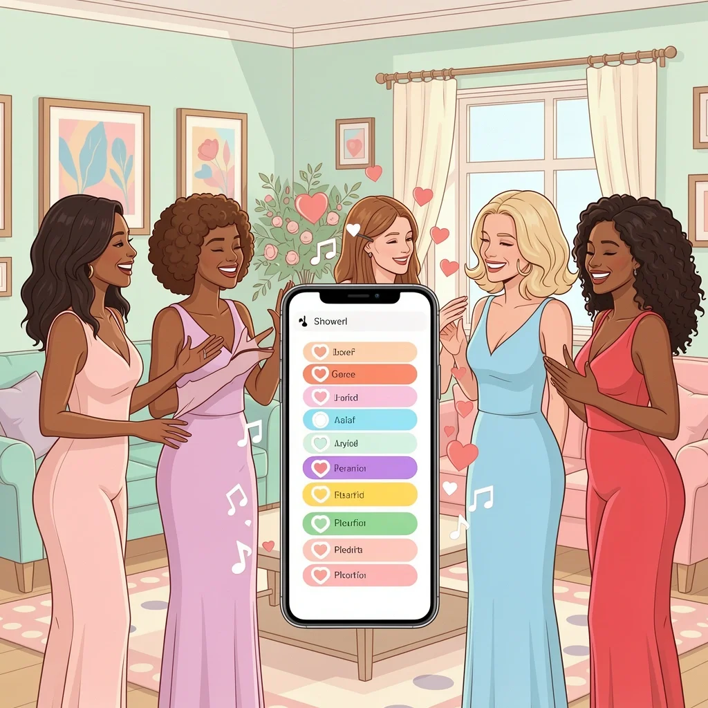 Wedding shower music planning with diverse guests and playlist on smartphone
