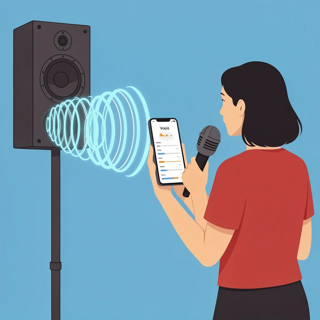 Person testing sound system with speaker and microphone, visualizing feedback loops and volume levels