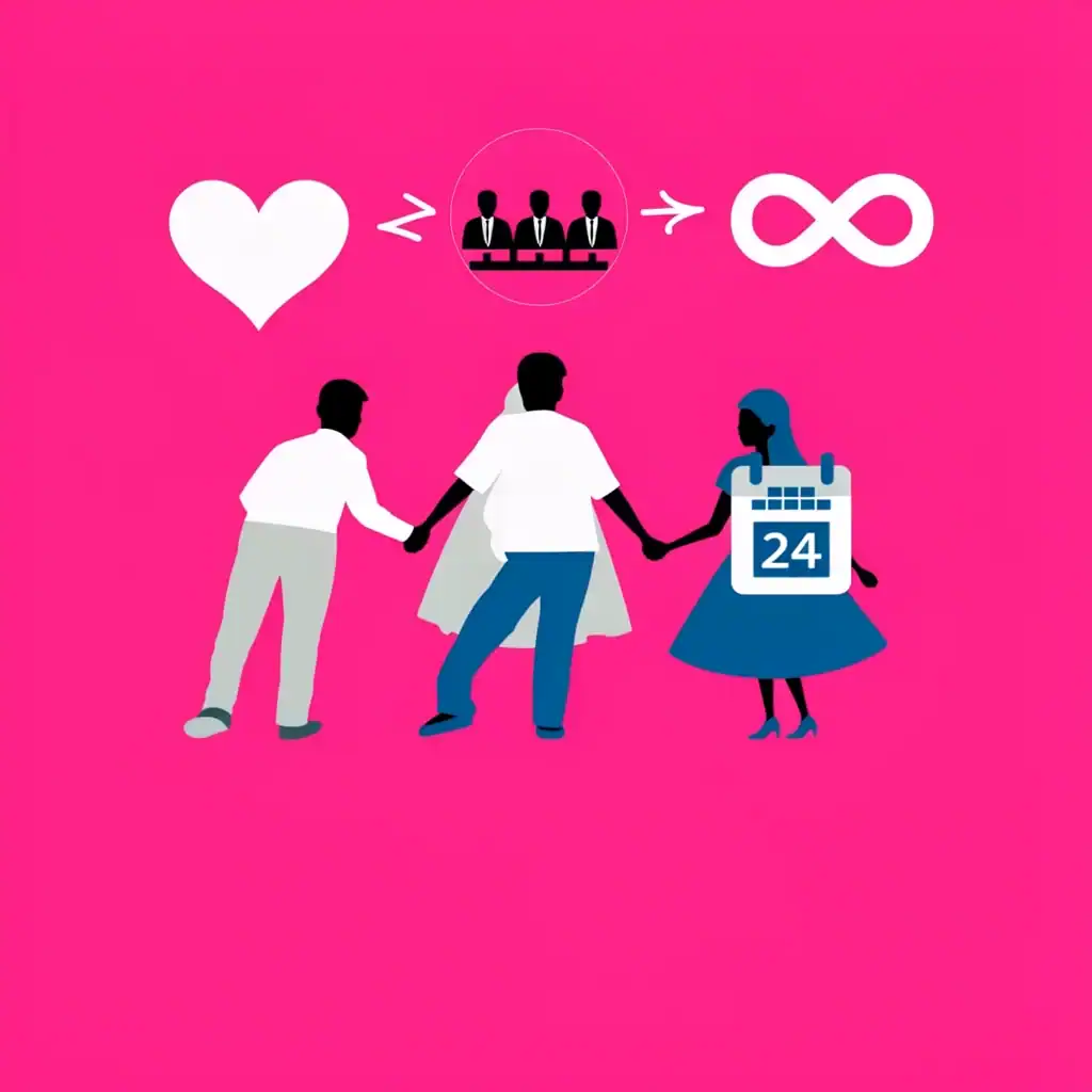 Illustration of a couple holding hands with icons representing heart, people, and infinity, and a 24-hour reset calendar