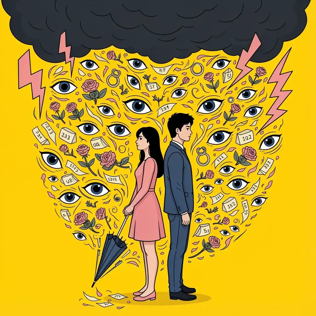 Illustration of a couple facing a storm of wedding planning stress with icons and floating eyes