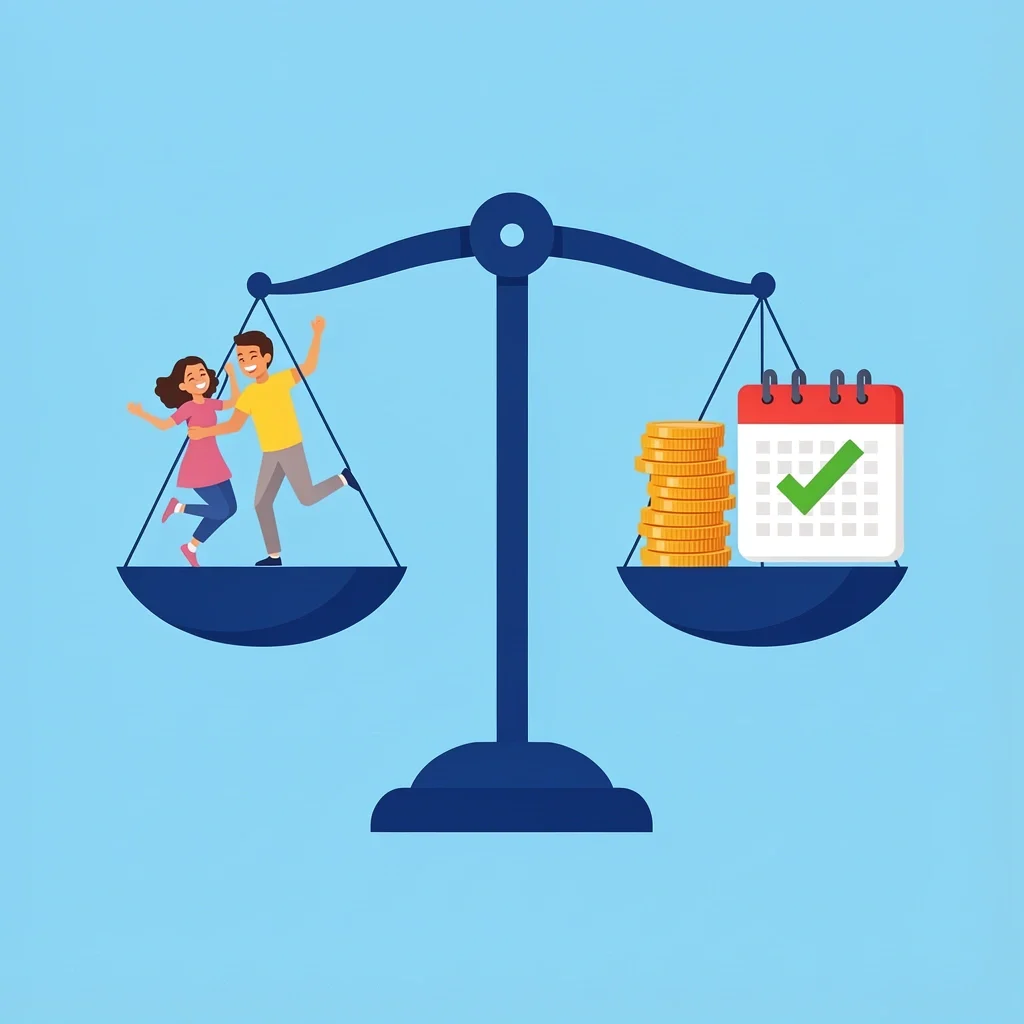 Definition of Wedding Success A balance scale representing wedding success as balancing joy, relationship, and financial health