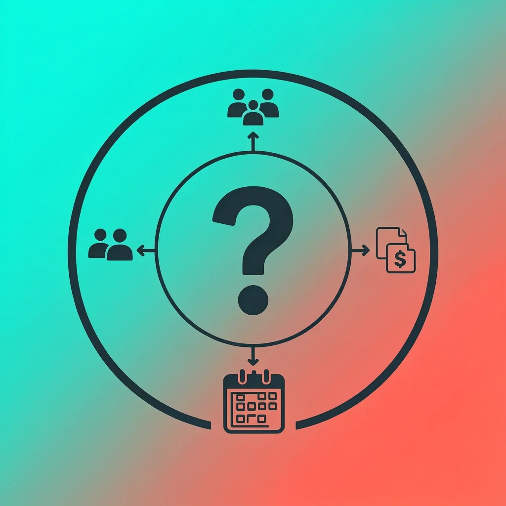Wedding Planning Template FAQ Central question mark surrounded by icons for collaboration, budget, timeline, and template
