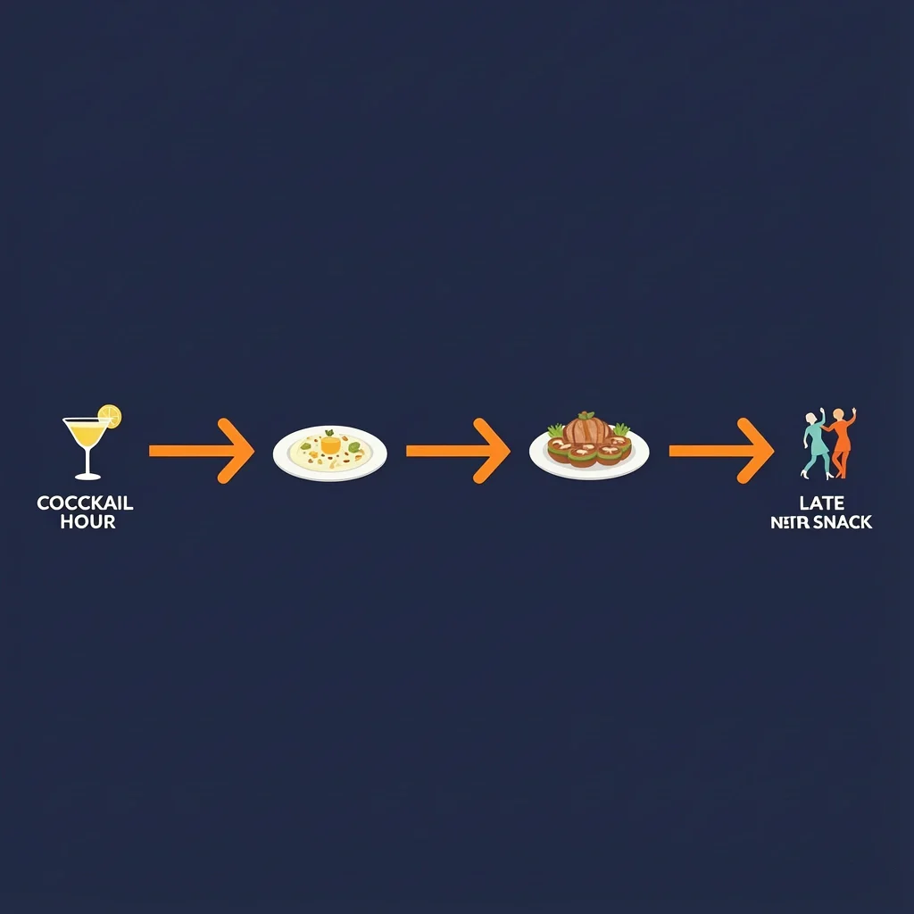 Visual timeline showing wedding reception menu flow from cocktail hour appetizer to main dinner to late-night snack