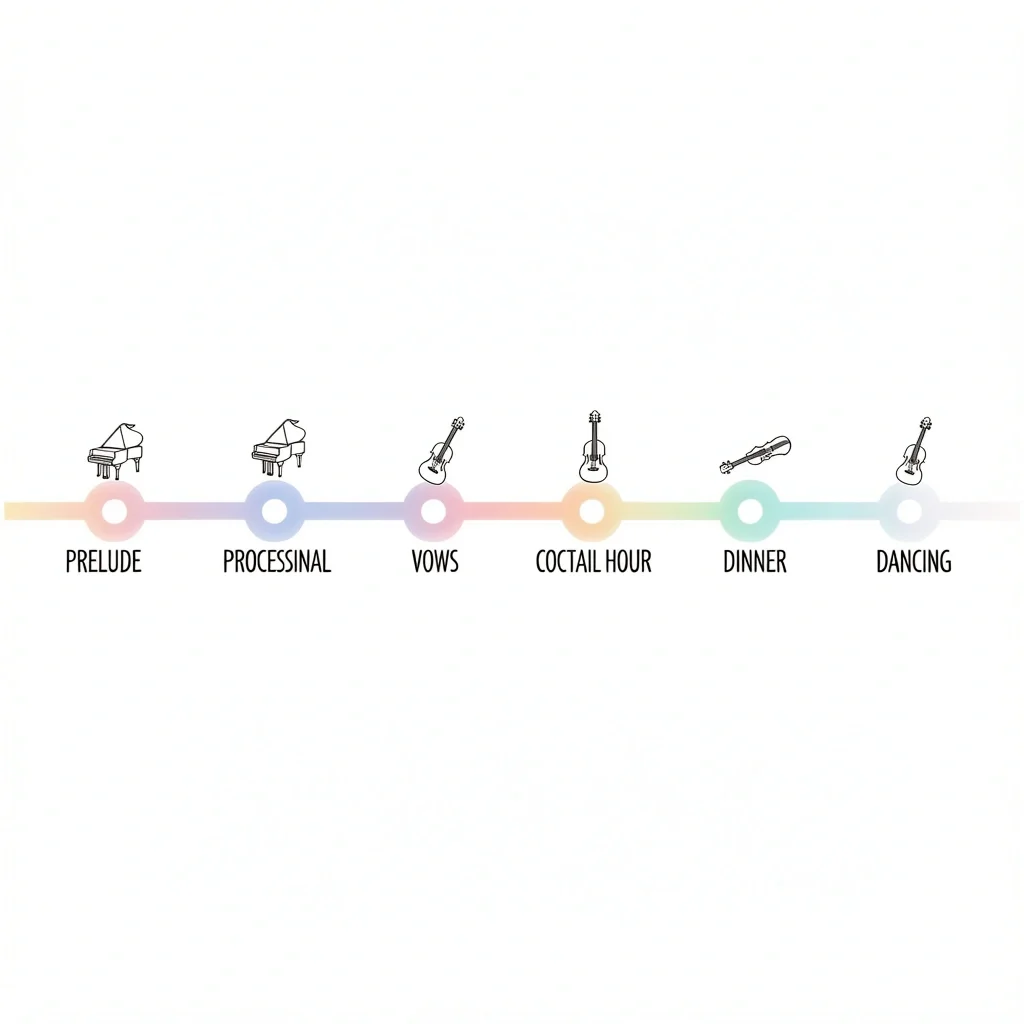 Wedding Music Timeline by Function Timeline of wedding events with music icons for each function from prelude to dancing