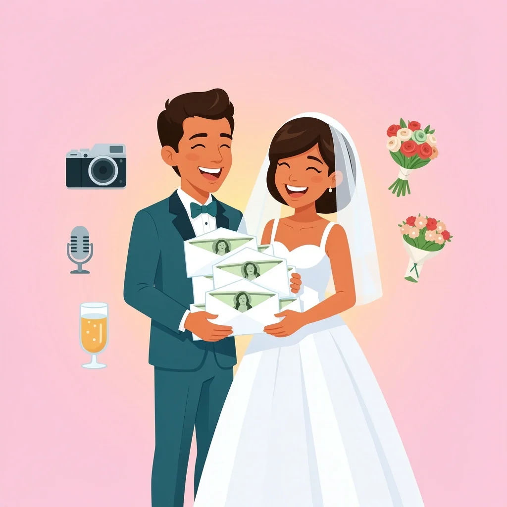 Couple holding tip envelopes for wedding vendors, symbolizing tipping guidance