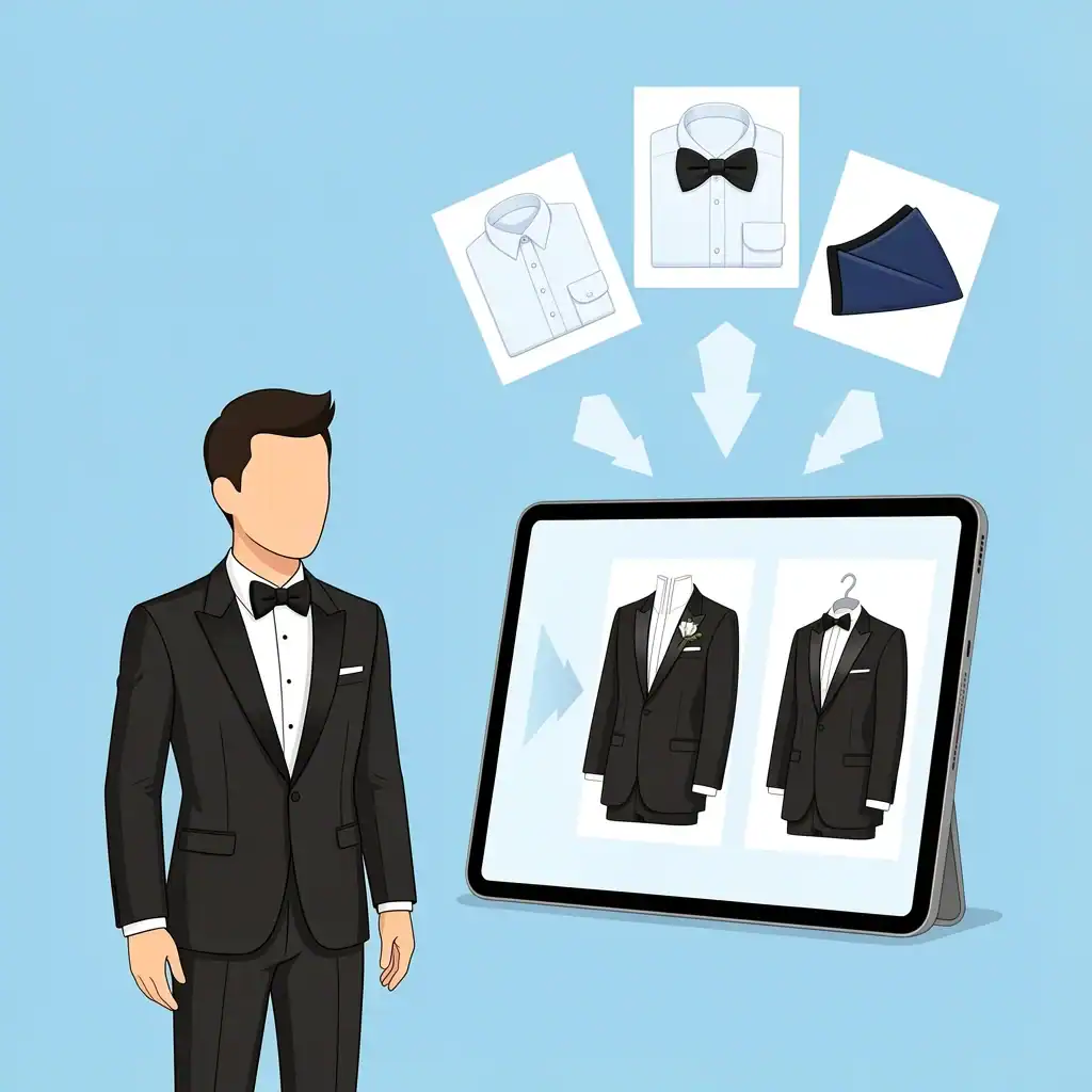 A groom selecting a wedding tuxedo rental on a digital tablet with floating clothing icons and arrows