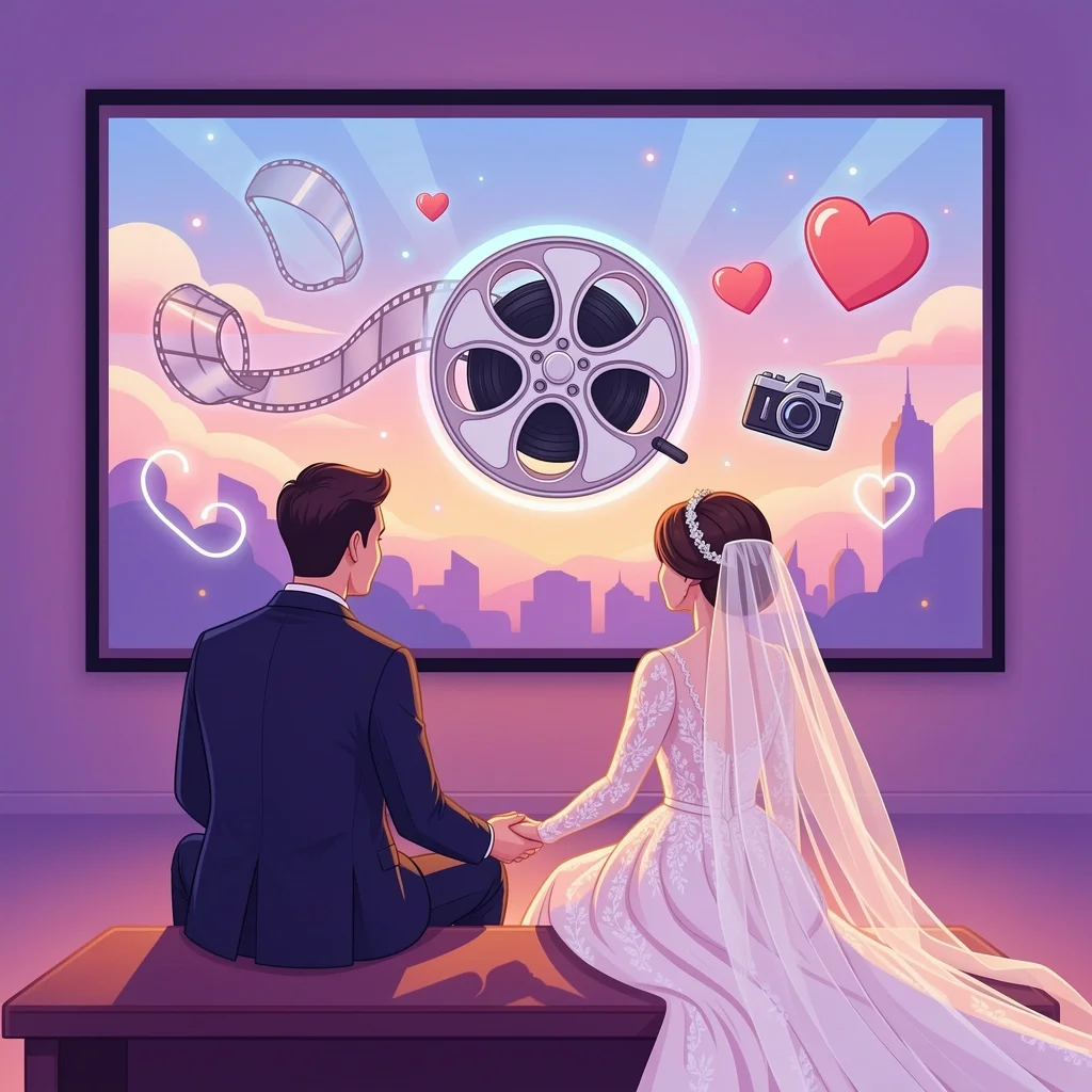A couple watching a wedding videographer's cinematic highlight reel on a screen, symbolizing the value of wedding videography.
