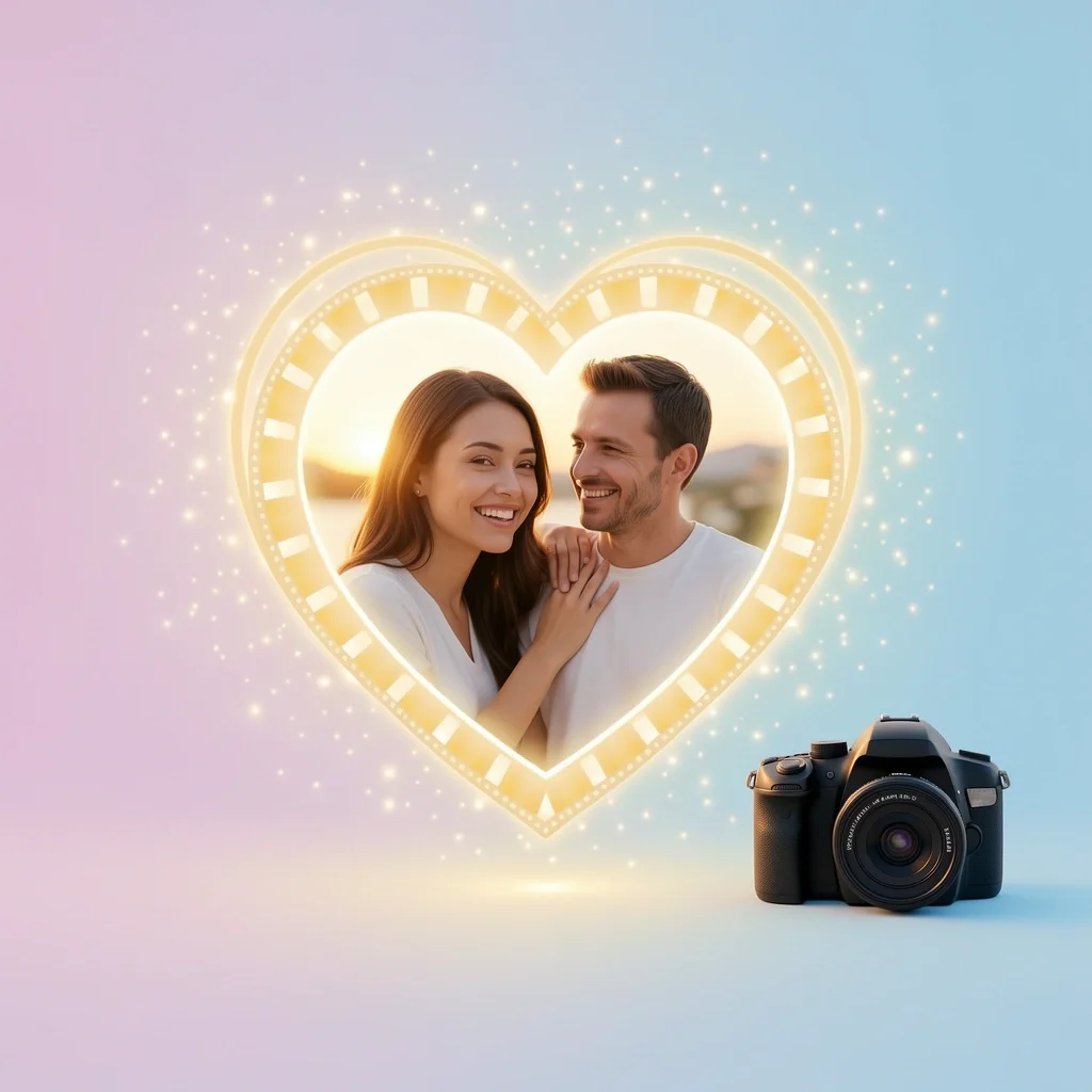 Wedding videographer final thoughts investment value A heart-shaped film reel with a happy couple inside, surrounded by sparkles and a camera.
