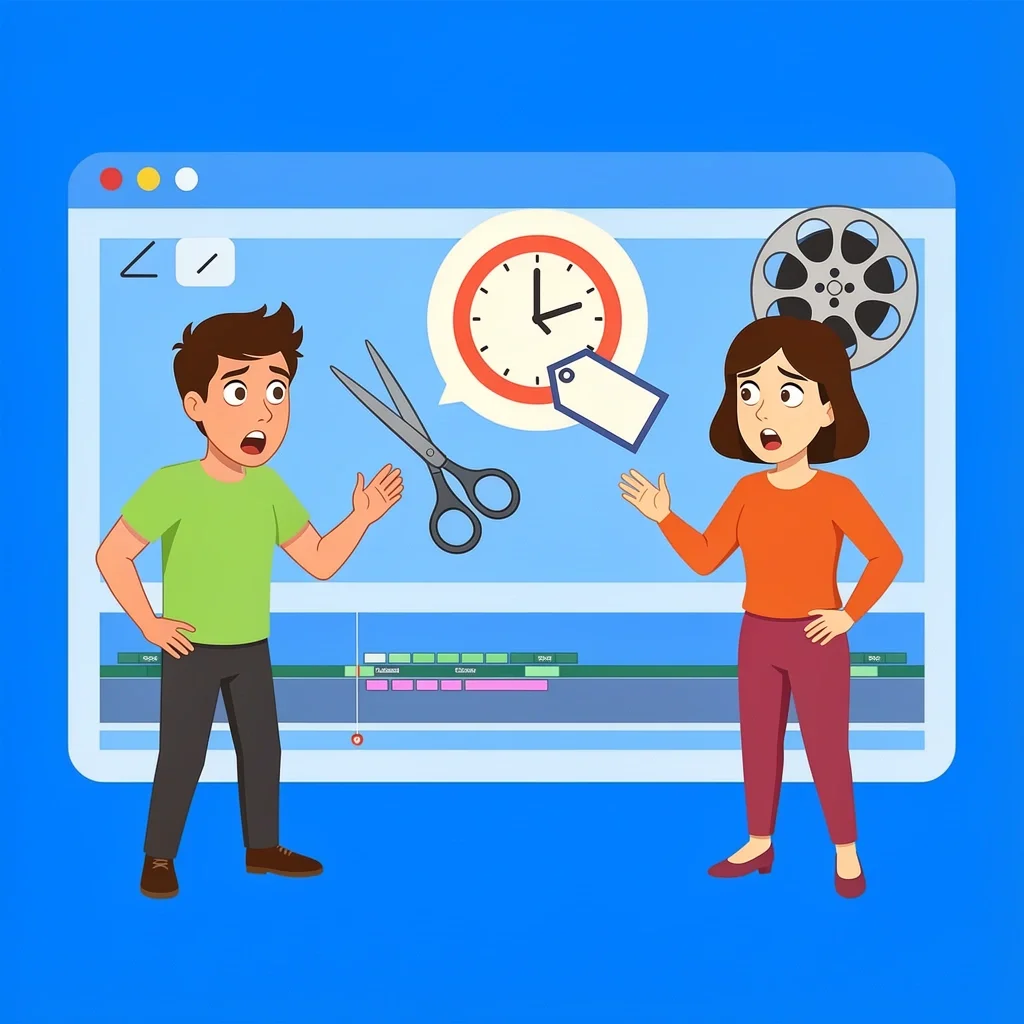 Wedding videographer post production editing cost driver An editing timeline with clock and scissors, showing a couple surprised by the hidden post-production cost.