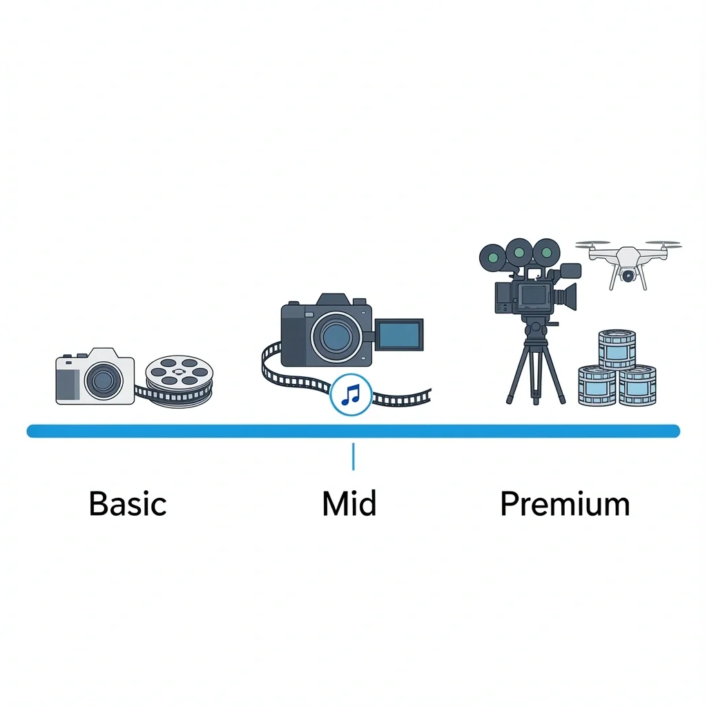 Wedding videographer price tiers basic mid premium Three price tier illustrations showing Basic, Mid, and Premium wedding videography packages.