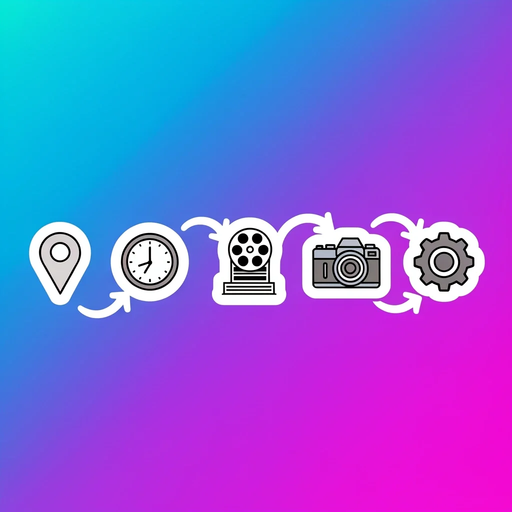 Wedding videographer price variables location coverage editing Five icons representing key price variables: location, hours, packages, shooters, and editing for wedding videographers.