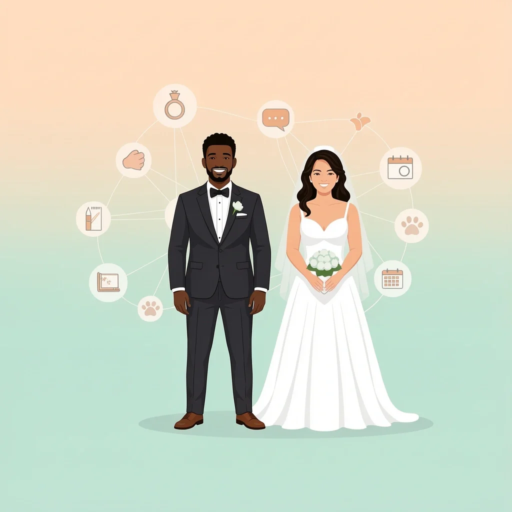 Diverse groom and bride smiling at altar without a best man, symbolizing a non-traditional wedding