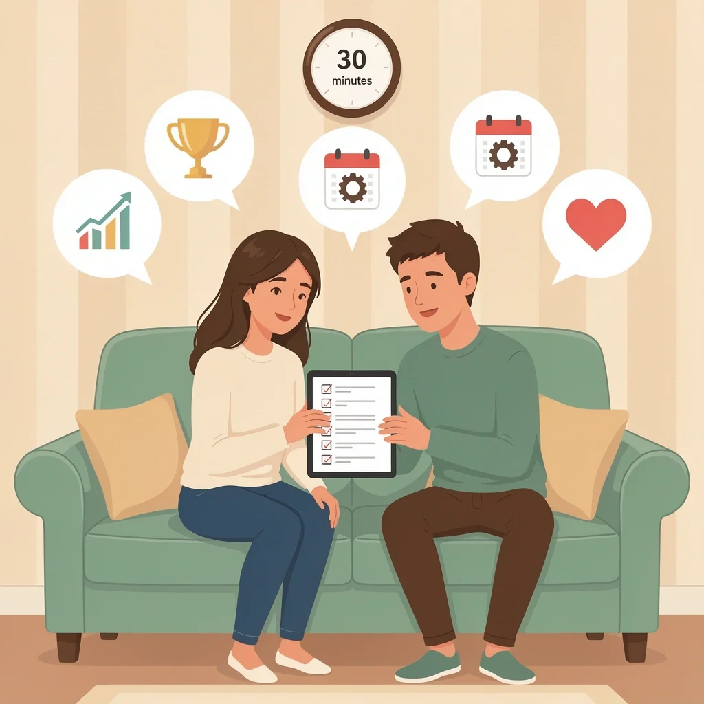 Weekly Money Meeting A couple having a weekly money meeting on a couch, with a tablet showing a checklist and icons representing the meeting agenda.