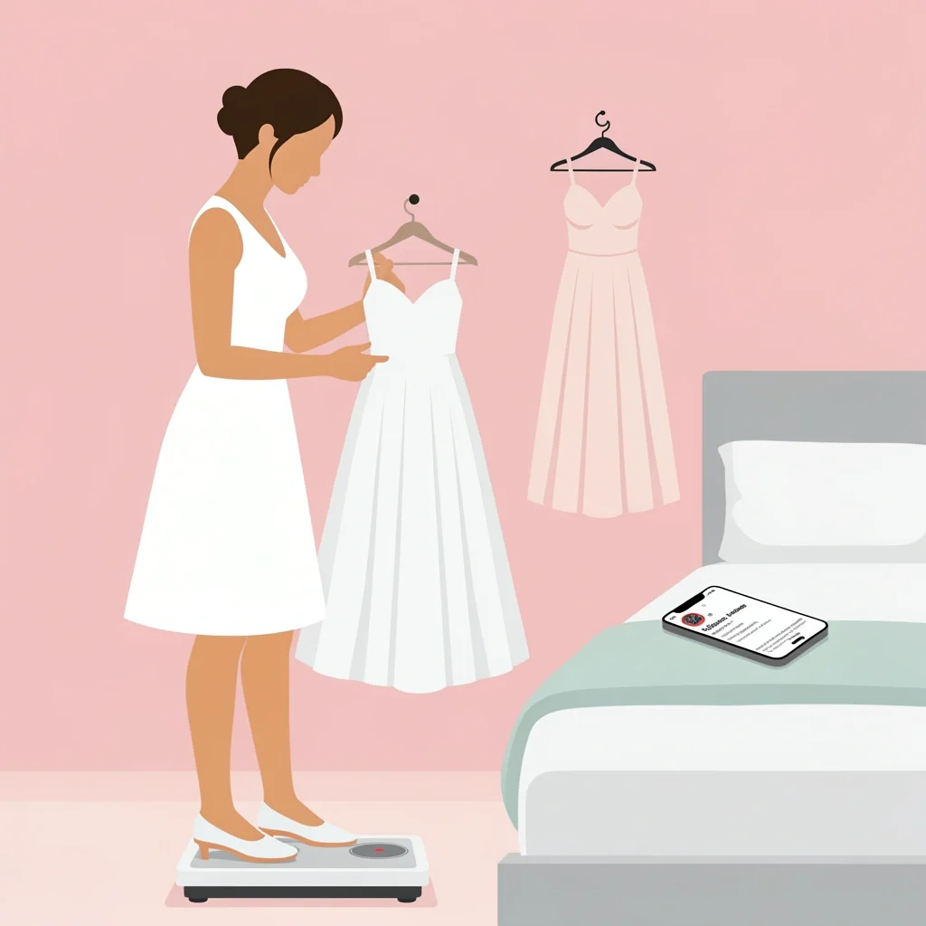 How to Estimate Wedding Dress Weight at Home Bride weighing her wedding dress on a bathroom scale while a luggage scale hangs nearby